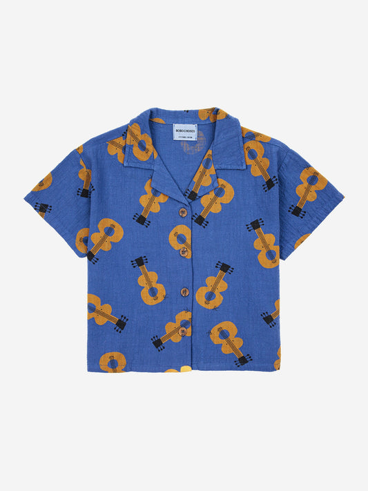 Camicia in cotone blu stampa Chitarre