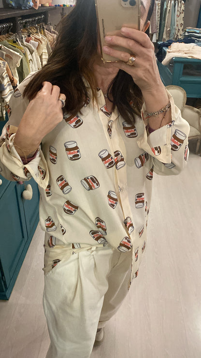 Camicia donna in viscosa stampa barattoli nutella