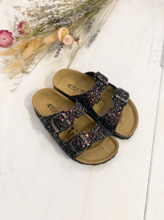 Biochic ciabatta doppia fascia glitter nero
