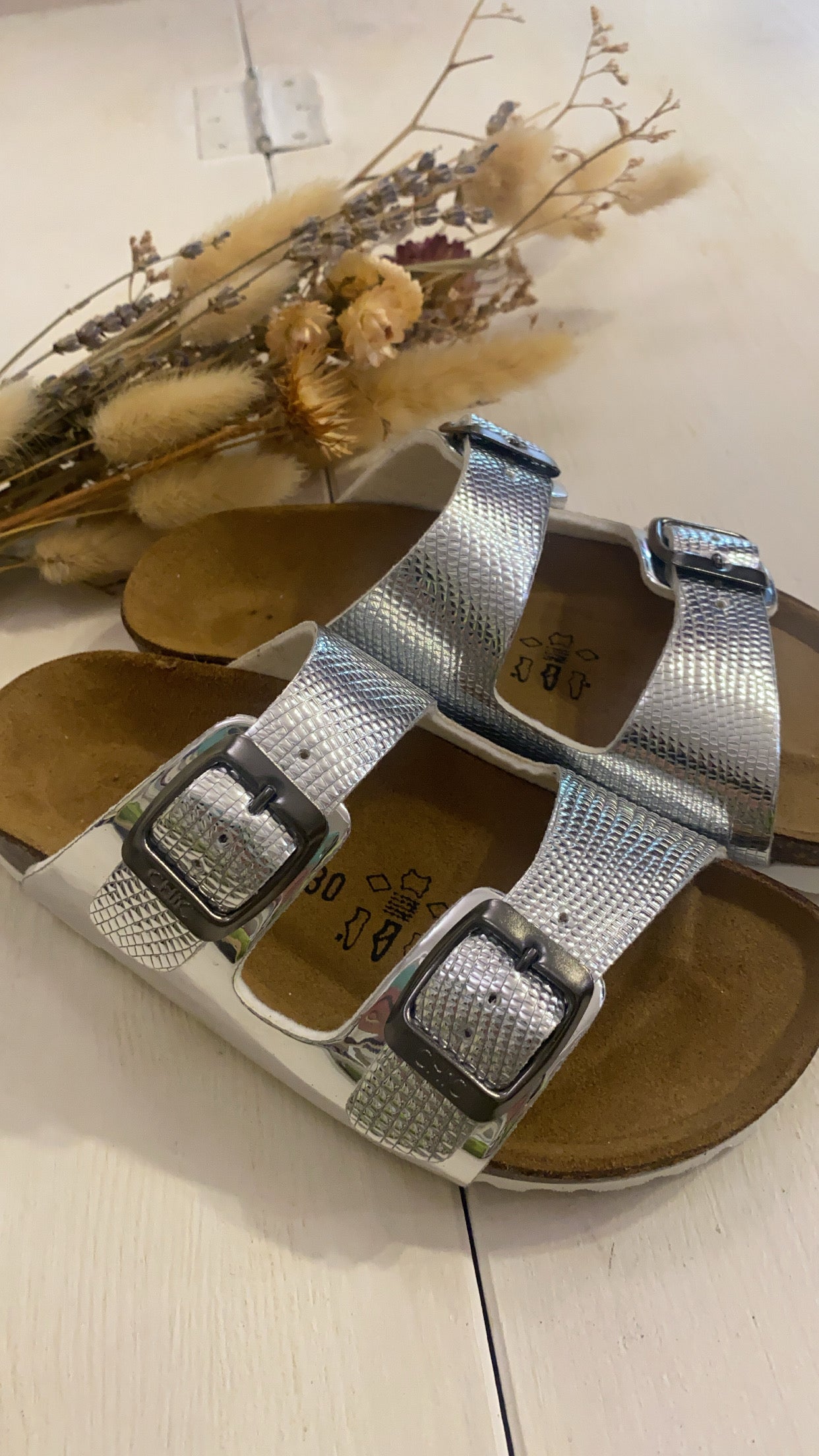 BIOCHIC ciabatta in pelle laminata argento