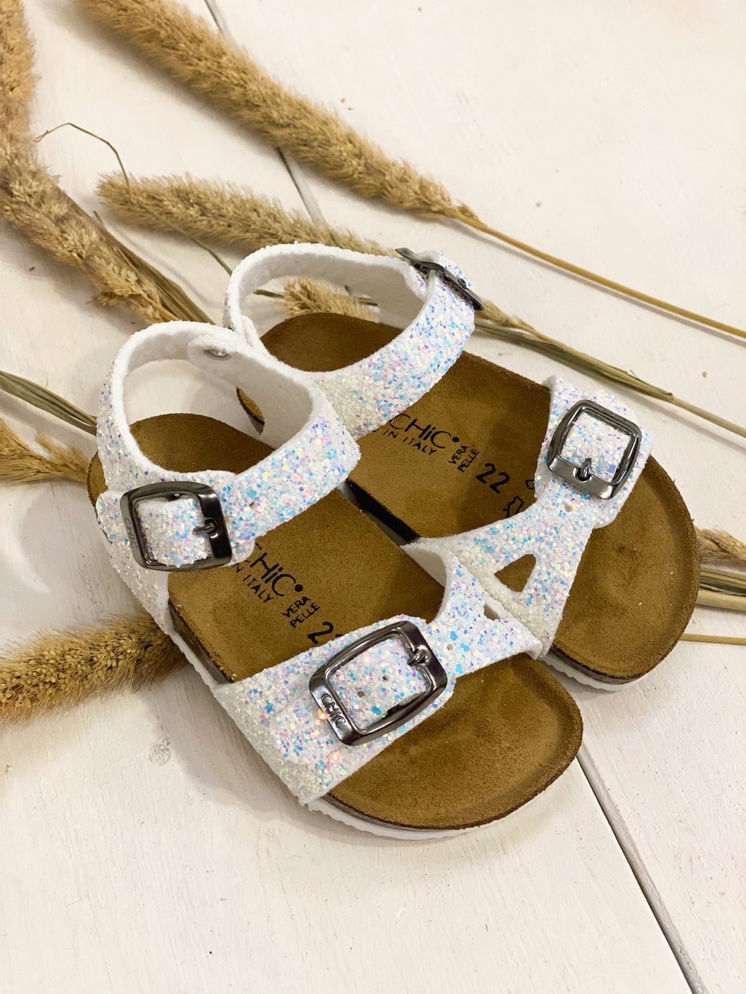 BIOCHIC sandali bambina in tessuto glitter colore bianco